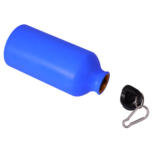 Blue water bottle with a black cap and carabiner on a white background