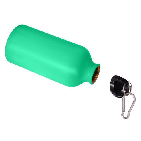 Green water bottle with a black carabiner on a white background