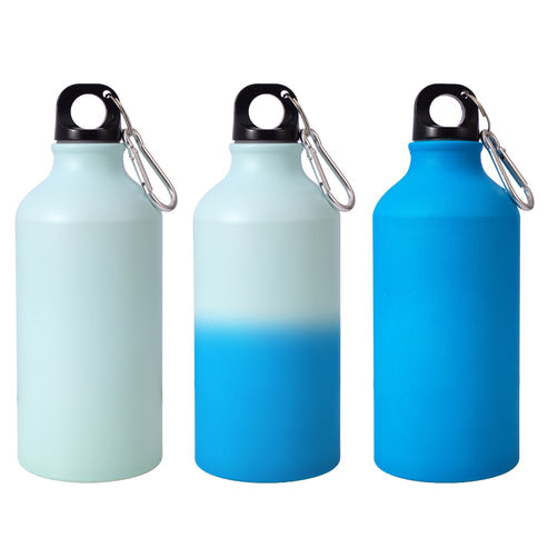 Three gradient blue water bottles with carabiners on a white background
