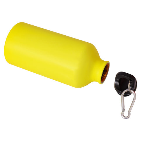 Yellow water bottle with a black carabiner on a white background