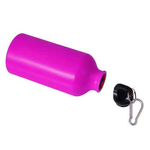 Pink water bottle with black cap and silver clip on a white background