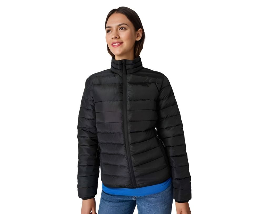 Woman wearing a black puffer jacket on a white background
