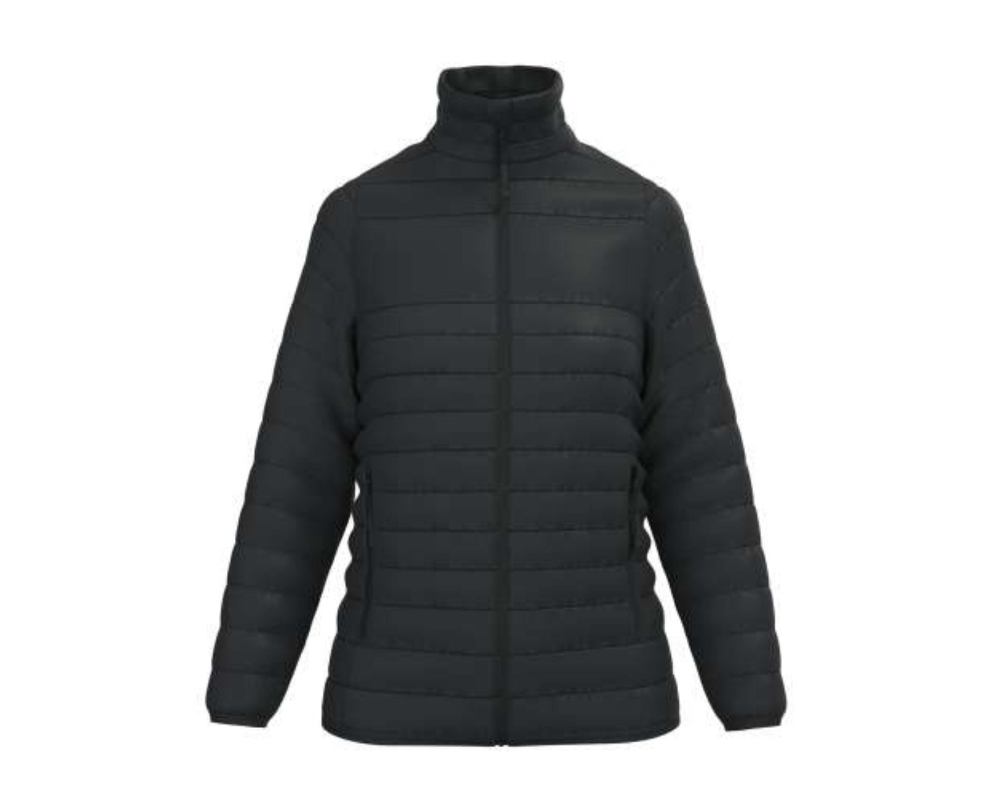 Black puffer jacket on a white background