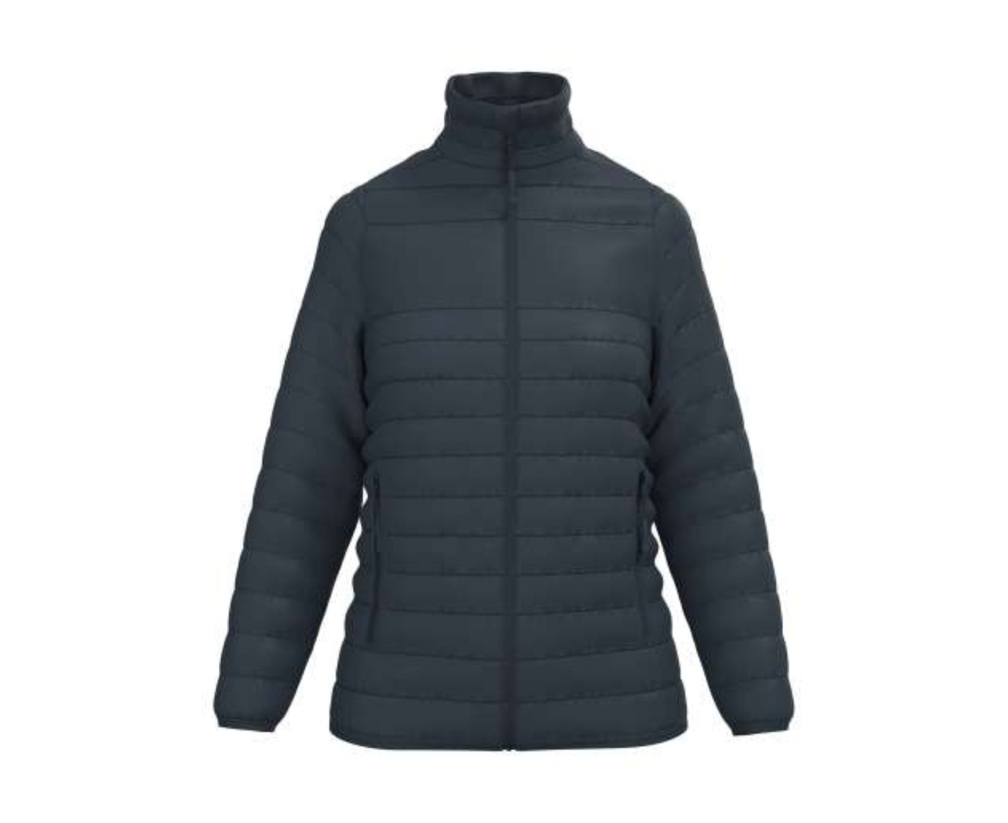 Dark blue puffer jacket on a white background